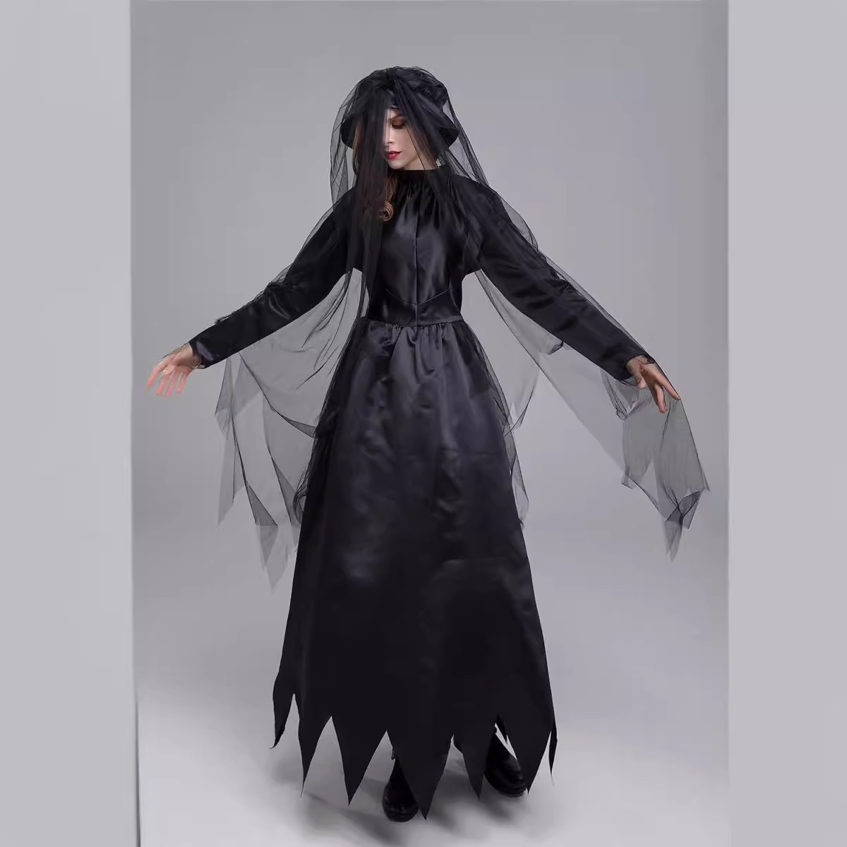 Women Halloween Ghost Bride Cosplay Costume Scary Witch Vampire Black Dress